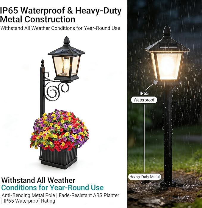2-in-1 Solar Lamp Post Light with Planter, IP65 Waterproof Auto On Off with Artificial Flowers, Wall Mount Freestanding for Porch Planters with Flowers, Garden Patio Yard