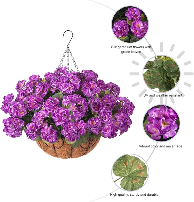 INSPRING Geraniums Artificial Flowers Hanging Basket for Outdoors Outside Spring Decoration, 8 Bundles Silk Flowers Fake Plants Look Real UV Resistant for Porch Home Patio Balcony Yard, Purple