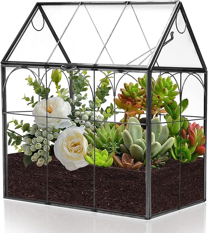 HighFree Geometric Plant Terrarium with Lid, House Succulent Terrarium Kit for Display, Air Plants, Succulents, Home Tabletop Miniature Terrarium, Not Airtight or Waterproof (Black)