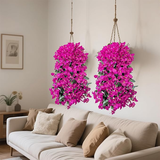 Artificial Flowers for Outdoors Fake Fuchsia Bougainvillea Hanging Flower Decoration, 2Pcs Realistic Faux Silk Plants Long Trailing Vines, Spring Decor for Porch Patio Balcony Planter Yard