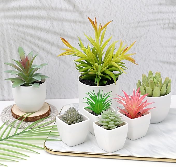 7 Pack Small Fake Plants Artificial Succulent Plants Assorted Mini Faux Succulent Decoration Greenery for Living Room Home Office Shelf