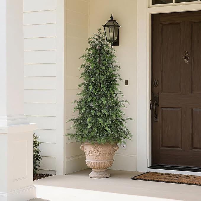 5FT Real Touch Cedar Topiary Trees for Front Porch Decor, Artificial Shrubs Faux Plants Potted UV Resistant Fake Greenery for Outdoor Indoor Door Garden Farmhouse Home Decoration (Set of 2)