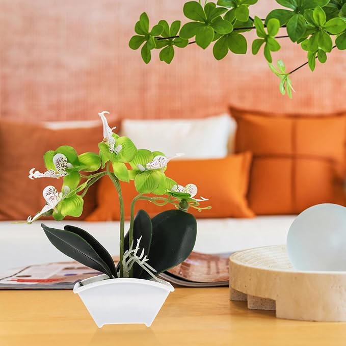 POPETPOP Artificial Orchid Flowers Mini Potted: Artificial Orchid in Pot Faux Orchid in Ceramic Vase Fake Flowers Arrangement Centerpiece Table Decorations for Home Office Green
