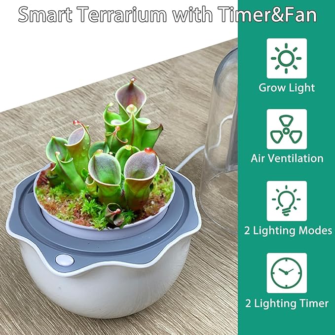 Venus Fly Trap Terrarium Pot with Timer Grow Light&Fan,Plant Terrarium kit for Moss&Cactus,Smart Planter for Carnivorous Plants&Butterwort,Mother's Day Birthday Gifts for Women Garden Lover(no Plant)