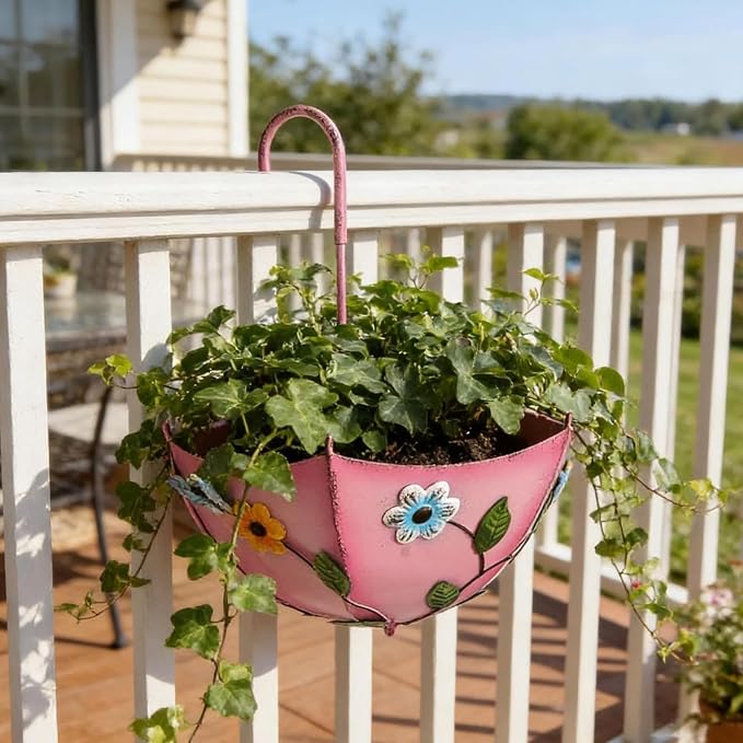 Plant Umbrellas for Outdoor Plants, Farmhouse Umbrella Shaped Wall Hanging Planter – Metal Iron Art with Drainage Holes, No-Drill Rustproof Flower Pot for Yard, Patio, Balcony