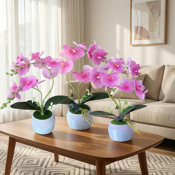 Artificial Orchid with 3D Printed Vase, Lifelike Fake Phalaenopsis Orchid Flowers, Realistic Silk Orchids for Home Decor Living Room (Light Purple)