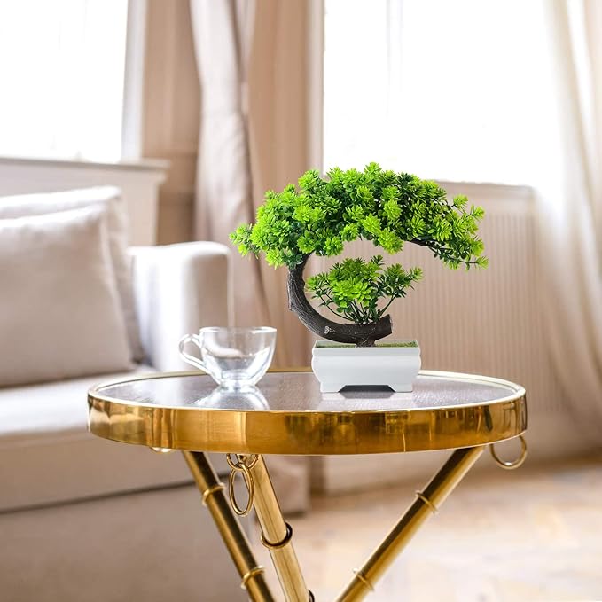 Fake Plants Small Artificial Bonsai Tree for Home Decor Living Room Bathroom Bookshelf Entryway Table Wall Shelf Modern Farmhouse Decor, 8.5" Tall, Green