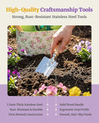 9-Piece Garden Tool Set, Heavy Duty Stainless Steel Rust-Proof Planting Kit with Ergonomic Wood Handles, Durable Metal Organizer Basket with 4 Compartments, Ideal Gardening Gift for Women, Mother