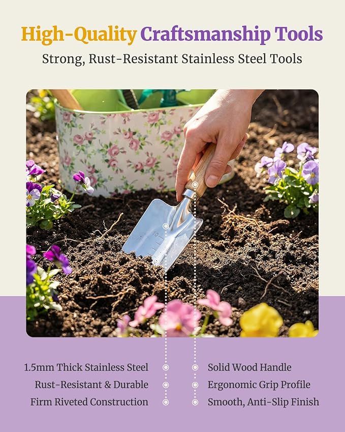9-Piece Garden Tool Set, Heavy Duty Stainless Steel Rust-Proof Planting Kit with Ergonomic Wood Handles, Durable Metal Organizer Basket with 4 Compartments, Ideal Gardening Gift for Women, Mother