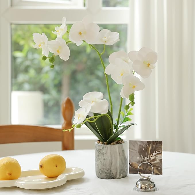 White Fake Orchids Flowers in Pot Bendable Faux Orchids Artificial Flowers Washable Silk Orchid Phalaenopsis Decor for Home Wedding Table Centerpiece Bathroom Office