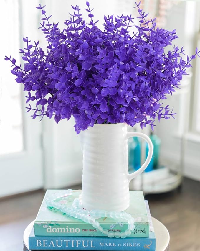 RECUTMS Artificial Plants Outdoor Artificial Ferns for Outdoors Purple Plants Outside Plastic Flowers for Outdoor Artificial Boxwood Greenery Fake Plants for Window Box(Pure Purple Eucalyptus)