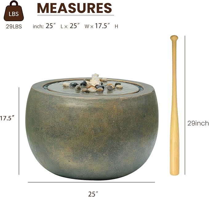 Tankana Garden Water Fountain Outdoor Large Round Bubbler Water Feature Indoor with Lights & Pump and Pebbles Concrete Effect for Patio Pool Pond Yard Home Decor Gold, 25 "L X 25" W X 17.5" H