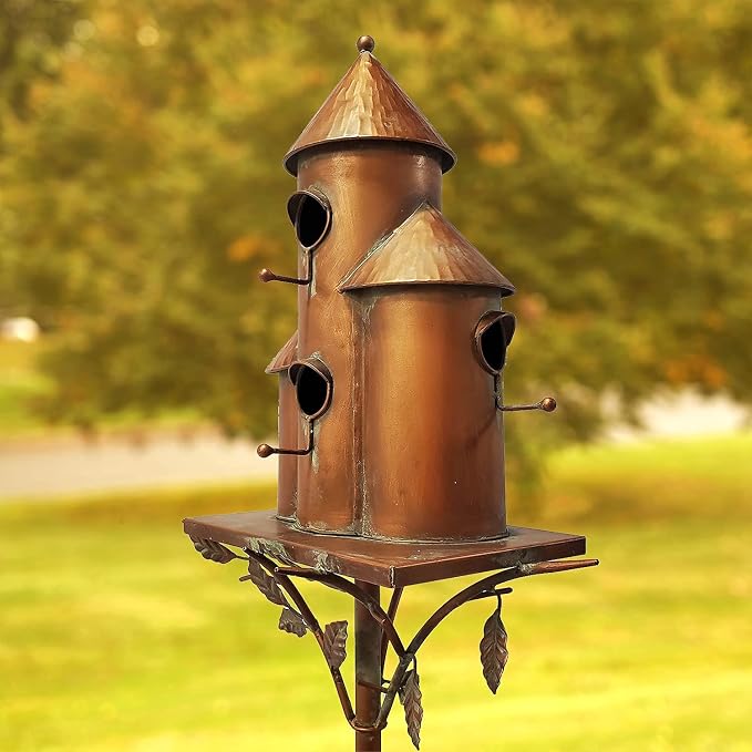 Zaer Ltd. Large Copper Colored Multi-Birdhouse Stakes, Room for 4 Bird Families in Each (Tall Triple Cylinder Homes (Copper Color))