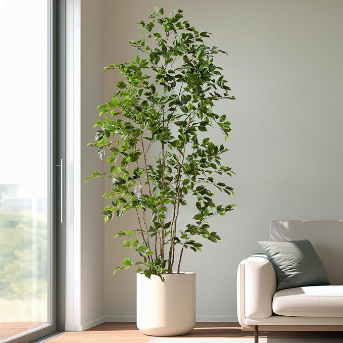 Bailikang Artificial Ficus Tree Indoor 8ft, Large Potted Faux Tree with Realistic Silk Leaves & Trunk for Home Office, Living Room Corner Decor