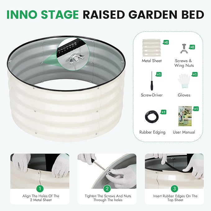 INNO STAGE 3 Pcs Round Galvanized Raised Garden Bed — 2×2×1ft Planter Box Outdoor Raised Beds Kit for Gardening Vegetables, Fruits, Herbs, and Flowers, White