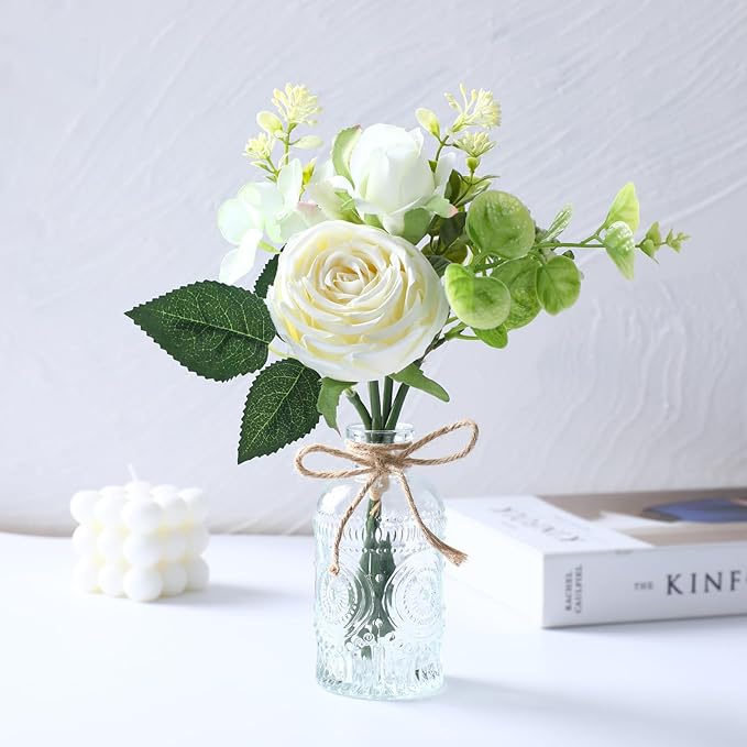 AFRITEE Faux White Silk Flower Arrangements - Centerpiece Table White Rose Flower Bouquet in Small Vase Set for Home Indoor Dining Room Wedding Centerpieces Coffee Table Decor
