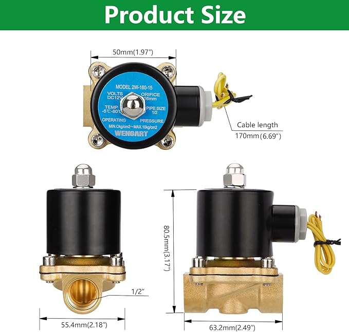Wengart 1/2" Electric Solenoid Valve 12V DC,Brass Normally Closed (NC) Water Valve,Direct Acting for Zero Pressure (0 PSI) Systems,Reliable Control for RV,Solar Irrigation, Air,Gas & Oil