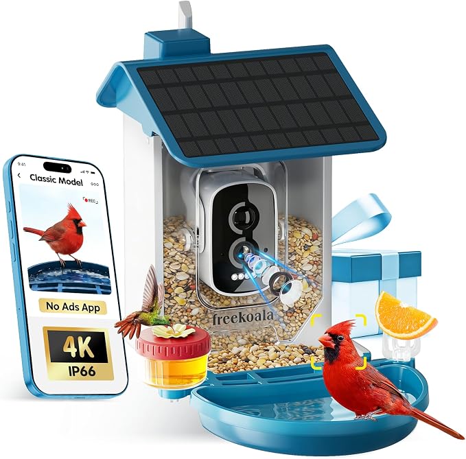 Bird Feeder with Camera, 4K UHD AI Video Bird Feeder Camera, Solar Powered Smart Bird Feeder with Camera for Outside, Instant Arrival Alerts, 3-in-1 Design, Ideal Gifts for Bird Lovers, Blue
