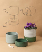 Fayoula Self Watering Pots for Indoor Plants, 6 Inch Ceramic Self Watering Plant Pot, Planter Pot with Wick Rope and Drainage Hole for African Violet Succulent Herbs (Green Light)