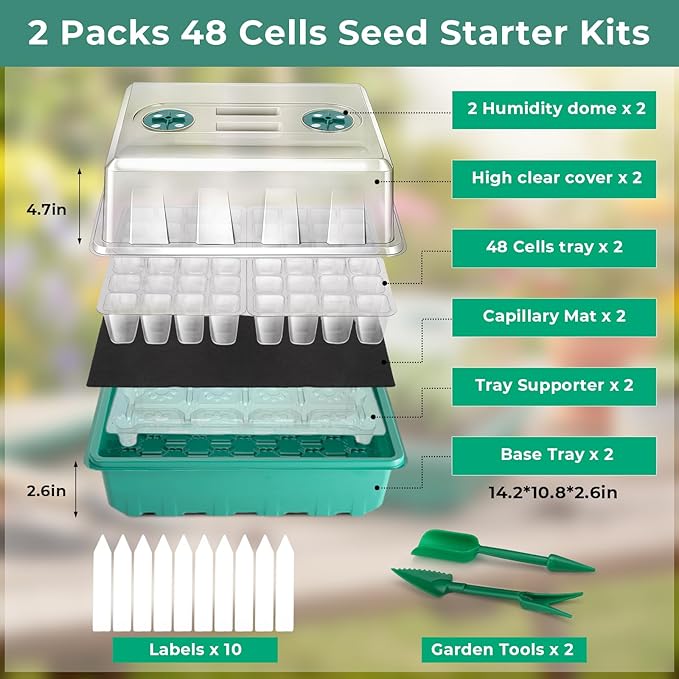 Hanaoyo Self-Watering Seed Starter Tray 2 Packs, 96 Cells Seed Starter Kit with Humidity Vented Domes and High Lid, Germination Kit for Indoor Greenhouse Seed Starter