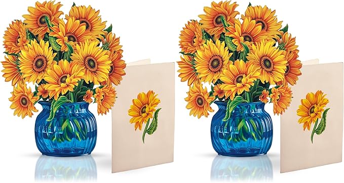 Freshcut Paper Pop Up Cards, Mini Sunflowers (Set of 2), 6 Inch Mini Sized Forever Flower Bouquet 3D Popup Greeting Card, Birthday Cards, Thank You Card, Blank Notecard & Envelope