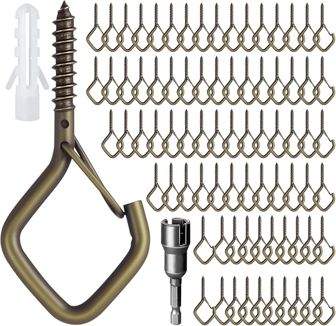 80 Pcs Outdoor Hooks for String Lights,Screw Hooks for Hanging Plants,Ceiling Hooks with Safety Buckle,Square Hanger for Wind Chimes,Bird Feeder,Lanterns,Christmas Decorations Bronze