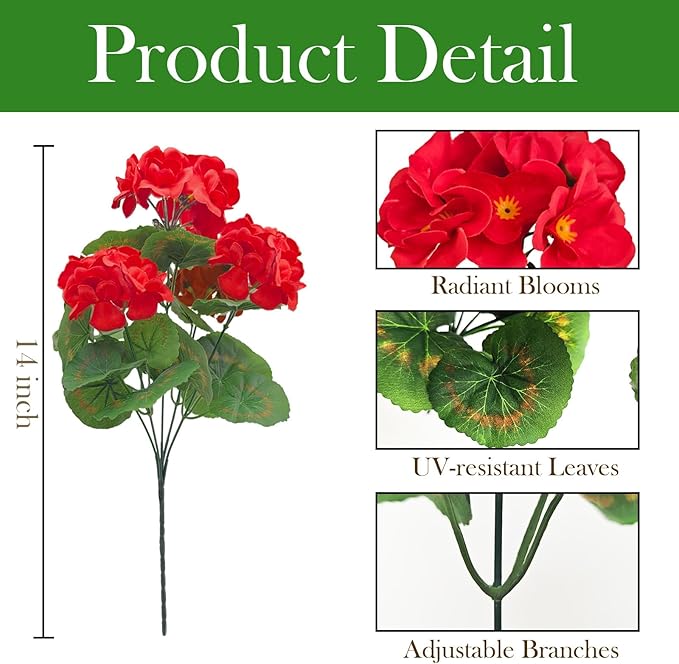 Fake Outdoor Flowers, 6 Pcs Artificial Flowers for Outdoors, Red Artificial Geraniums Plastic Flowers, Fake Plant for Outside, Silk Faux Flowers Outdoor Planters UV Resistant for Front Porch