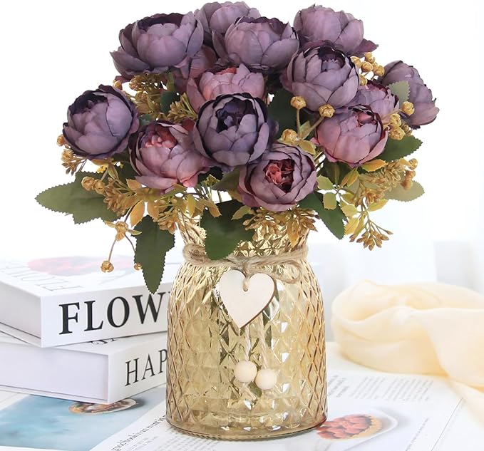 Faux Flowers in Vase, Fake Flowers in Vase 21 Pcs Faux Peony Flowers, Artificial Flowers for Home Decor, Indoor Centerpiece for Living Room & Dining Table - Purple Red