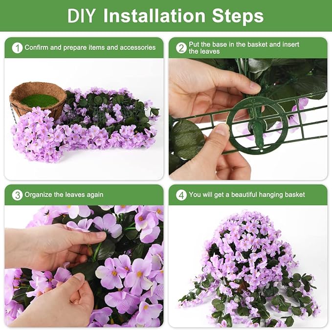 INQCMY Artificial Hanging Flowers with Basket for Outdoor Garden Spring Decoration,Faux Silk Begonia in Planter Look Real UV Resistant for Outside Home Porch Patio Balcony Yard Decor(Light Purple)