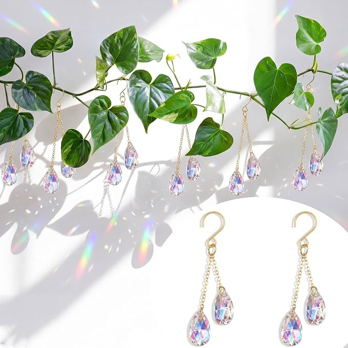 6 Pcs Crystal Sun Catcher Plant Vine Charms Hanging for Mini Potted Plants, Home Window Garden, Garden Home Window Rainbow Sun Catchers Plant Accessories Indoor (Colorful)