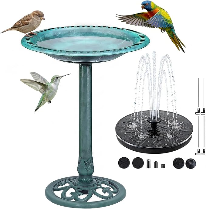 Bird Bath for Outside, Large 28 inch Tall Birdbaths for Outdoors with Solar Water Fountain, Plastic Retro Green Bird Baths Bowl for Outdoor Garden Lawn Yard Patio Hotel Landscape Decor - Wide 20"