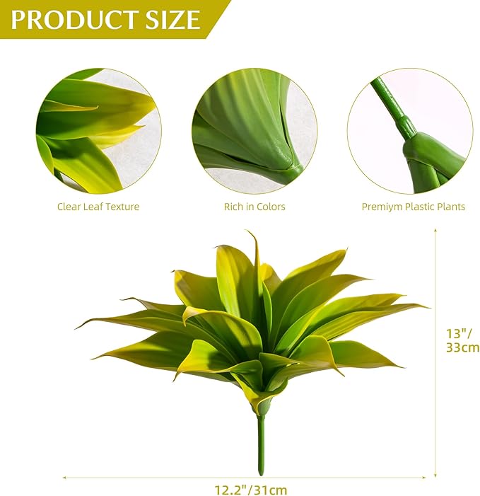 Ttranewsoo Fake Plants Artificial Agave Plants 13.8" Large UV Resistant Fake Agave Planters for Indoor and Outdoor Decorating Tropical Plant Succulents Greenery Indoor Decor (Yellow) 2Pack