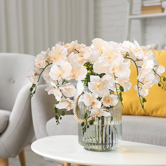 6 PCS Artificial Orchid Stems 33.5" Tall 9 Large Petals Fake Champagne Phalaenopsis Flower Arrangements for Home Wedding Living Room Table Centerpiece Office Table Decor Champagne