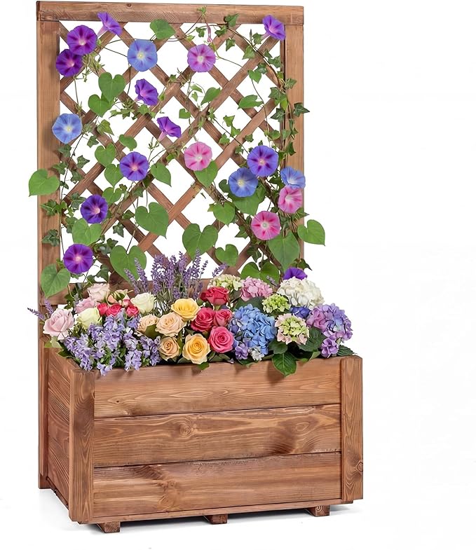 Giantex Raised Garden Bed with Trellis, 23”x14”x40” Wood Elevated Planter Box w/Drainage Hole for Climbing Vine Flower Herb Vegetable Fruit, Planting Container for Indoor Outdoor Patio Balcony