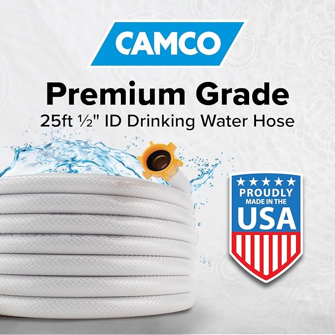 Camco TastePURE 25-Ft - RV Drinking Water Hose - Contains No Lead, No BPA & No Phthalate - Features Reinforced Design & Crafted of PVC - 1/2” Inside Diameter, Made in the USA (22735)