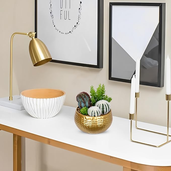 Artificial Cactus Plants Indoor, 7" Assorted Small Faux Succulent in Pots Fake Potted Desk Plant with Gold Bowl Mini Succulents Artificial Cactus Decor for Home Office Bathroom Table Shelf