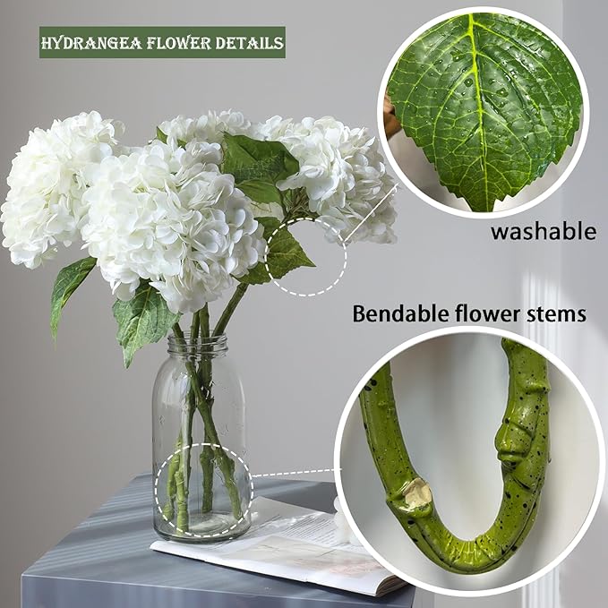 Buart 2PCS Long Stem Big Size Flowers Artificial Silk Hydrangea Lifelike Flowers Real Touch White Artificial Flowers Wedding Shower Bride Bouquets Office Living Room Table Decorations (21 Inch)