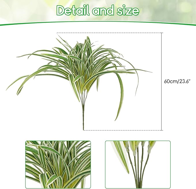Artificial Spider Plant Large 23.6In Fake Greenery Plants UV Resistant Outside Faux Plants Bushes for Indoor Table Outdoor Planter Decor (4)