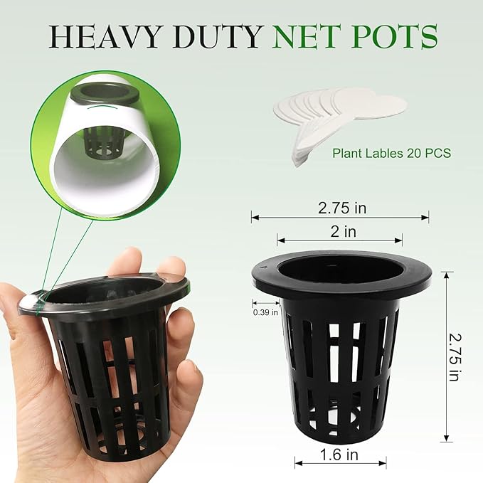 100 Pack 2 inch Net Pots Hydroponics Supplies Cups, Round Wide Lip Design Orchids Aquaponics Garden Slotted Mesh Heavy Duty Net Pot with 20 Pcs Plant Labels