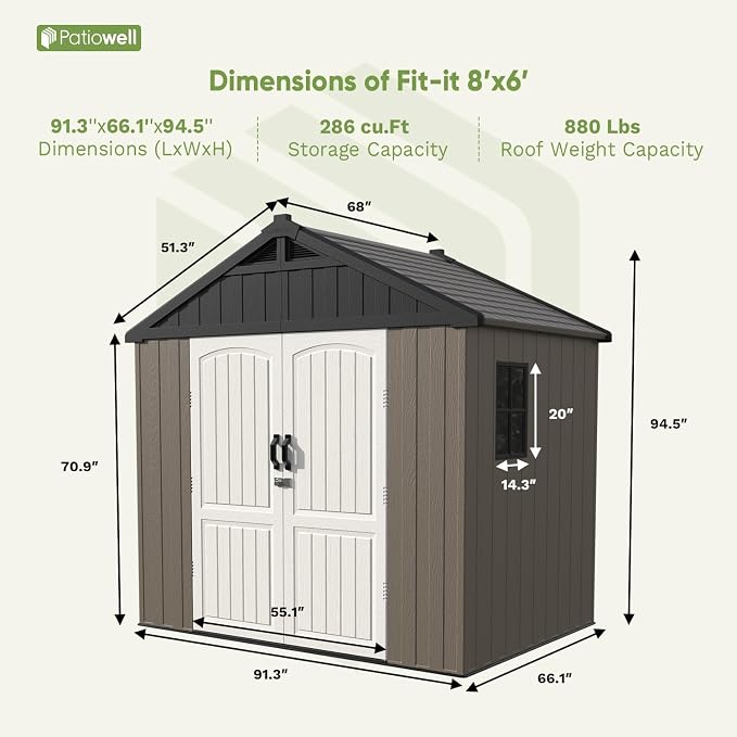 Patiowell 8 x 6 FT Plastic Outdoor Storage Shed with Floor, Resin Shed with Window and Lockable Door for Garden, Backyard, Tool Storage Use, Easy Assemble, Gray (Kick-it Shed)