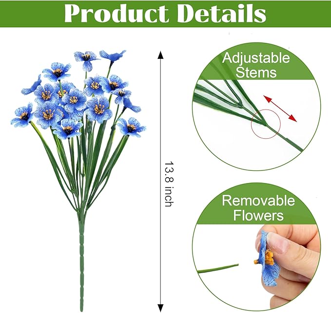 Bassion 24 Bundles Artificial Flowers for Outdoors Decoration, UV Resistant Blue Silk Fake Faux Flowers Artificial Plants for Outside Window Box Porch Garden Home Decor