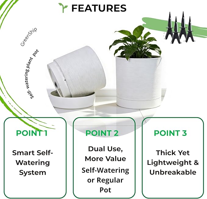 GreenShip Planter Set of 2 (13.8" & 11.8") – Cylinder Planters with Drainage Hole and Planter Saucer, Jun Porcelain Clay & Recycled Resin, Decorate Home,Office & Outdoor,White pots