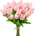 Mandy's Light Pink Artificial Tulips Flowers Centerpiece, 13.5" Lifelike PU Fake Floral Stems 20pcs for Kitchen Island & Dining Table, Spring Decor for Easter