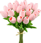 Mandy's Light Pink Artificial Tulips Flowers Centerpiece, 13.5" Lifelike PU Fake Floral Stems 20pcs for Kitchen Island & Dining Table, Spring Decor for Easter