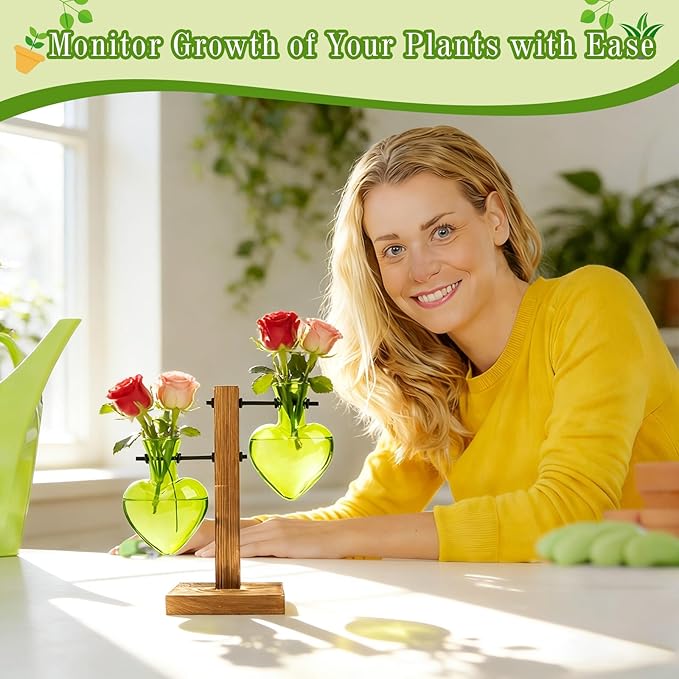 XXXFLOWER Plant Terrarium Propagation Station, Gifts for Mom Daughter Wife Plant Lover, Hydroponic Planter Bulb for Home Office Garden Decoration - 2 Green Love Bulb Vase with Wooden Stand