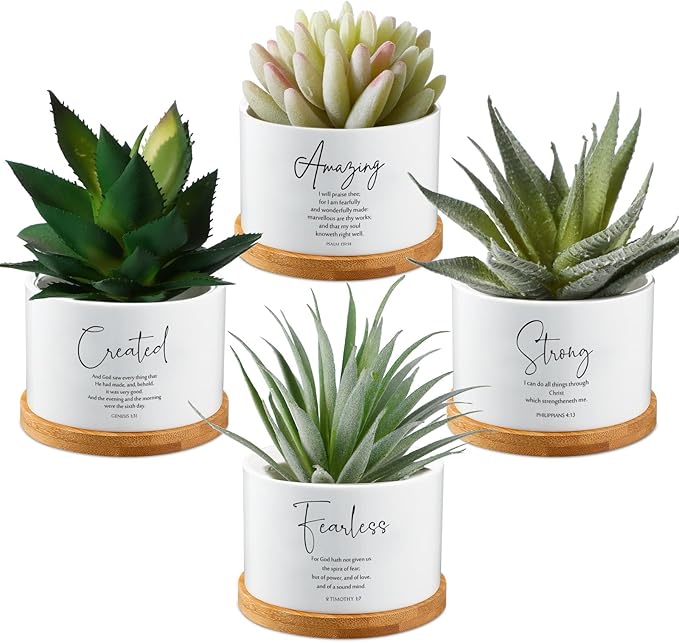 Sieral 4pcs Mothers Day Christian Gift Bible Verse Succulent Pots 3 x 3 x 2 Inch Mini Ceramic Succulent Planters with Bamboo Tray Small Plant Pots Gift for Church Women, Plants Not Included (Classic)