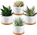 Sieral 4pcs Mothers Day Christian Gift Bible Verse Succulent Pots 3 x 3 x 2 Inch Mini Ceramic Succulent Planters with Bamboo Tray Small Plant Pots Gift for Church Women, Plants Not Included (Classic)