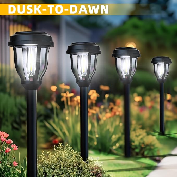 DERAYSION 12 Pack Solar Lights Outdoor, Solar Pathway Lights Auto On/Off Waterproof LED Garden Lights for Landscape Path, Yard, Walkway, Driveway, Sidewalk, Cold White