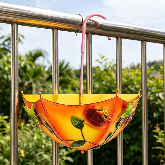 Plant Umbrellas for Outdoor Plants, Farmhouse Umbrella Shaped Wall Hanging Planter – Metal Iron Art with Drainage Holes, No-Drill Rustproof Flower Pot for Yard, Patio, Balcony