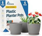Gray 6-Inch Plant Pots with Drainage & Saucers 6 Pack, Indoor & Outdoor Planters for Houseplants, Herbs, and Flowers, Durable & Weatherproof Material, Stackable, Lightweight, Minimalist Design